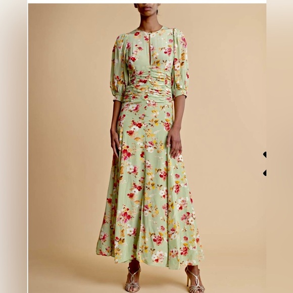 ByTimo Satin Green Bouquet Floral Print Ruched Gown - Picture 9 of 10